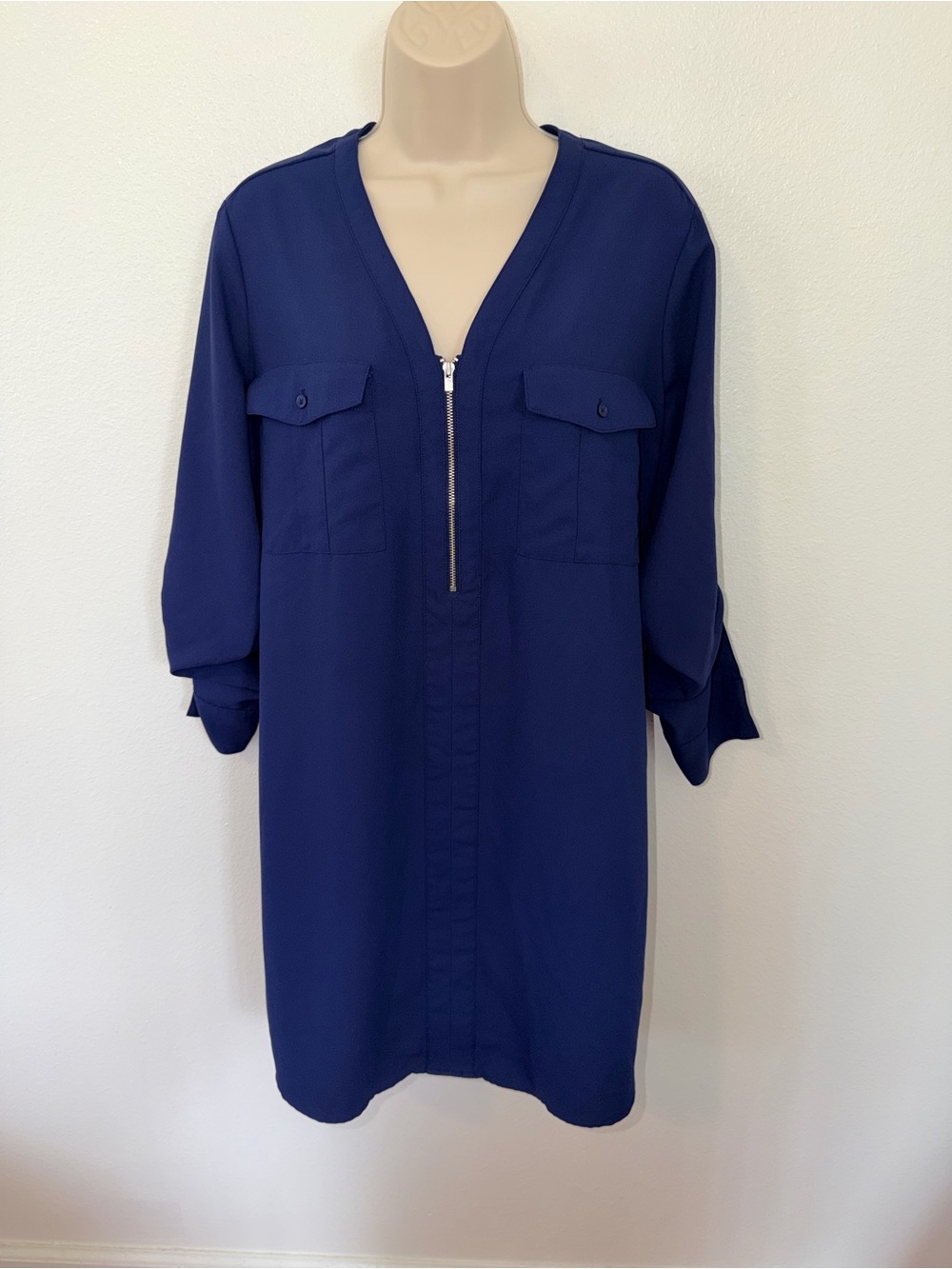Express Blue Long-Sleeve Zip Front Shirt Dress